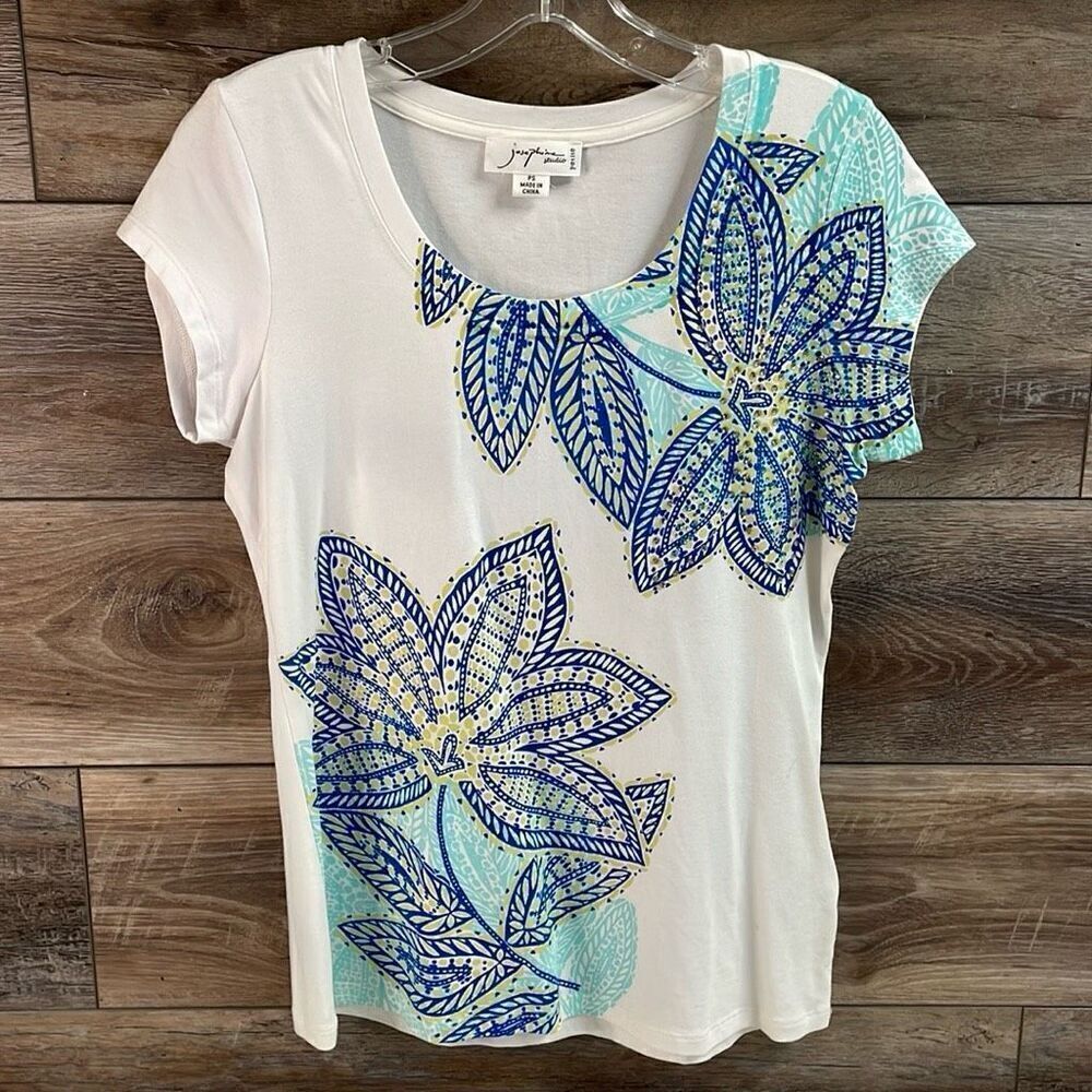 JOSEPHINE STUDIO Women’s Floral Tropical Rhinestone Scoop Neck Top Size PS
